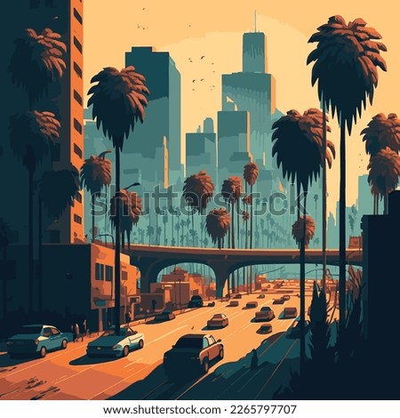 Beautiful vector illustration of Los Angeles in sunset with palm trees and cityscape in the background. 