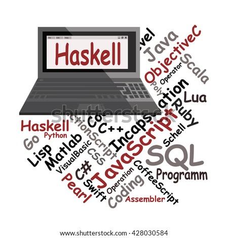 Simple Programming langauge icon with different names of languages and a laptop with the word Haskell inside.