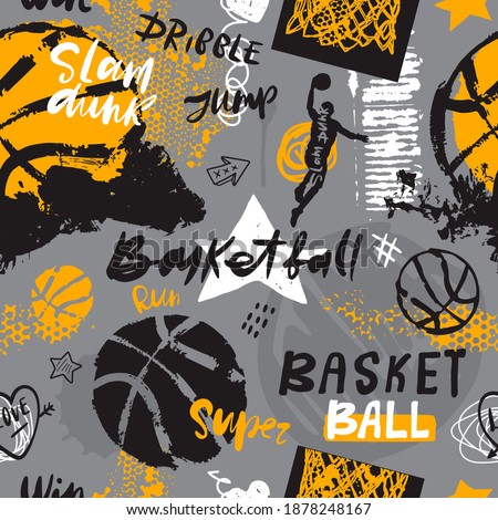 Seamless pattern for basketball. Hand drawing sport print, typography slogan. Print design for T-shirts. Sports background with text and ball for a boy. Sketch, grunge style.