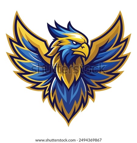 Eagle Logo. The logo is a fierce, vibrant, soaring eagle. Use the colors blue and gold. Make the colors vibrant and exciting.