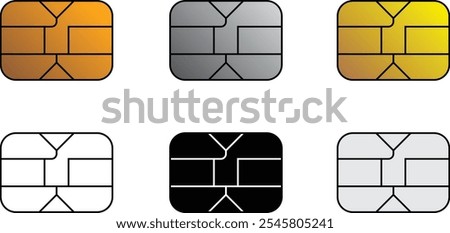 Vector EMV chip illustration set on isolated background. EMV gold, silver and flat chip icon for bank plastic credit or debit charge card.