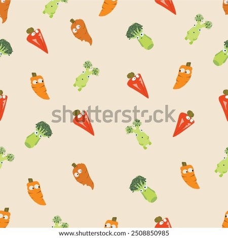 Pattern with carrot and broccoli elements in cartoon style