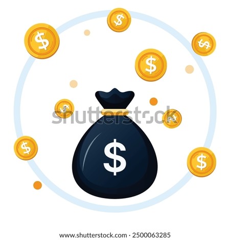 Money bag with golden dollar coins, golden coins, flat vector illustration of money bag with coins, wealth, business,