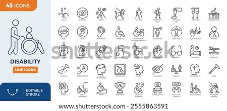 Disability line editable icon set. Vector illustration in modern thin line style of handicap related icons: features of physical and mental development, assistive devices, inclusivity, and more