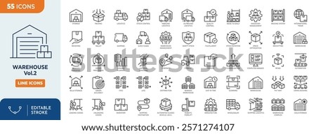 Warehouse line editable icon set. containing logistics, storage, inventory, distribution, warehouse management, supply chain, shipping, goods and more. Vector illustration	
