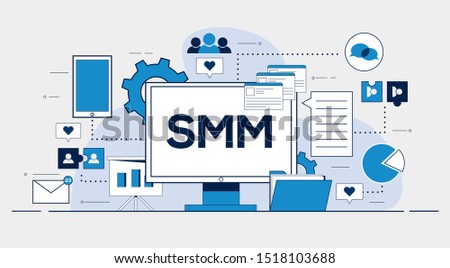 SMM illustration with monitor and different marketing tools around composed in pattern. Folders, smartphone, lines, messages, avatars. likes, followers. Flat vector outline illustration