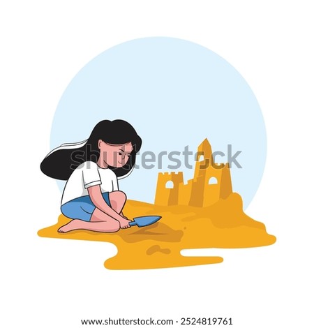 Similar – Image, Stock Photo Little girl building sand castle on beach