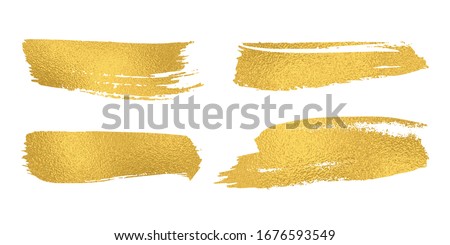 Set of vector sparkle golden mascara brush strokes. Luxury decor of gold shiny foil. Collection of grunge metal paint texture for greeting card design. Glitter patterns isolated from white background.