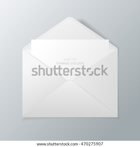 Open white envelope with invitation card. Vector realistic mockup isolated from the background. Easy to change colour.