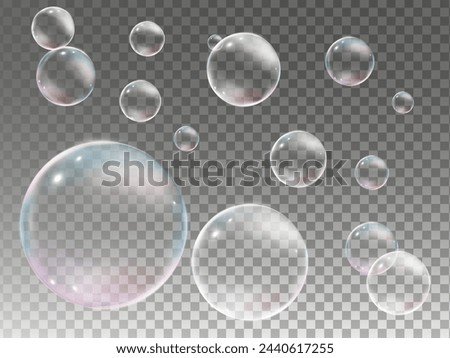 Realistic vector transparen liquid shape refraction soap bubble. Soap bubble png, glare. Foam bubbles png. Vector image. Colorful set magical fantasy dreamy  of multicolored transparent bubble.