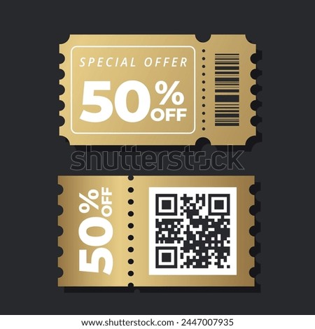 Gold Vip Sale coupon. Retro ticket illustration. Shoping cupon. Gold ticket. Vector discount gold coupon set flyer sticker or banner with barcode