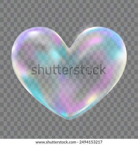 Realistic Vector Transparent Liquid Heart shape refraction soap bubble. Soap bubble png, glare. Foam bubbles png love simbol. Colorful magical fantasy dreamy of multicolored transparent bubble heart