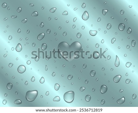 3D Heart shape Water Drops texture background. Spray, droplets on gray surface. Inflatable Bubble Isolated Rain drop on glass effect valentine day window background. Vector realistic aqua liquid flows