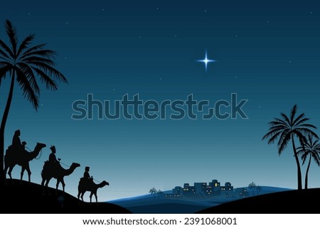 The three wise men, Magi, three Kings, Melchior, Caspar and Balthasar, riding camels following the star of Bethlehem. Epiphany celebration vector illustration. Episode of Bible.