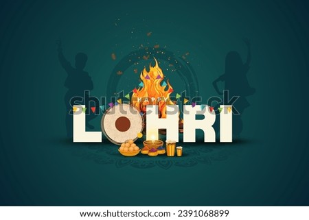 Indian Punjabi festival of lohri celebration fire background with decorated drum and bonfire with festival elements. vector illustration design.