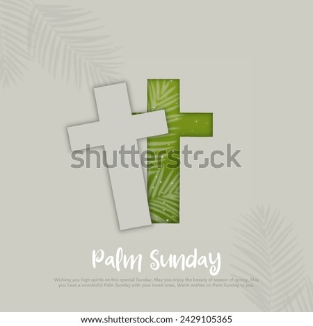 Palm Sunday - greeting banner template for Christian holiday, with palm tree leaves background. Papercut creative concept. Vector illustration.