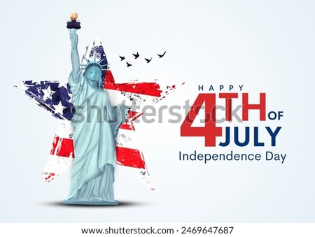 USA Happy Independence Day 4th of July. Flyer, banner, poster, greeting card. Template with flag and statue of liberty on blue background. Vector illustration design