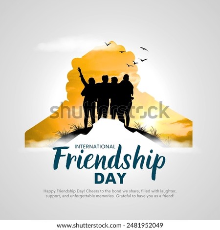 Happy international friendship day greeting card, silhouette back view of friends group. Creative vector illustration design