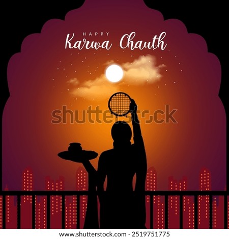 Illustration design of Karwa Chauth. Indian Hindu festival Moon puja worship. Creative night sky background.