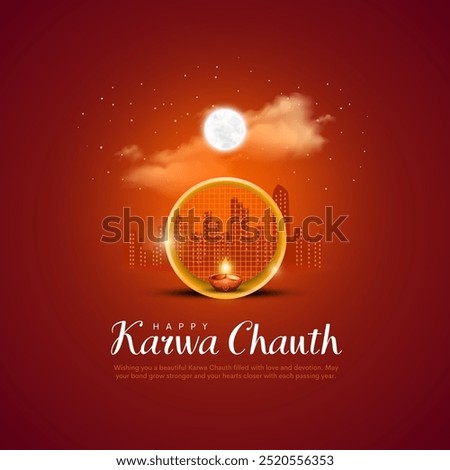 Illustration design of Karwa Chauth. Indian Hindu festival Moon puja worship. Creative night sky background.