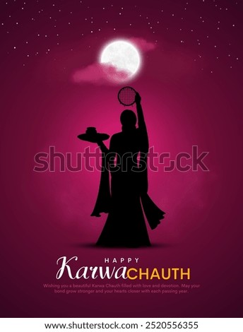 Illustration design of Karwa Chauth. Indian Hindu festival Moon puja worship. Creative night sky background.