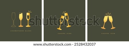 Set of shiny golden wine and champagne glasses icon with cheers on a minimalist background.