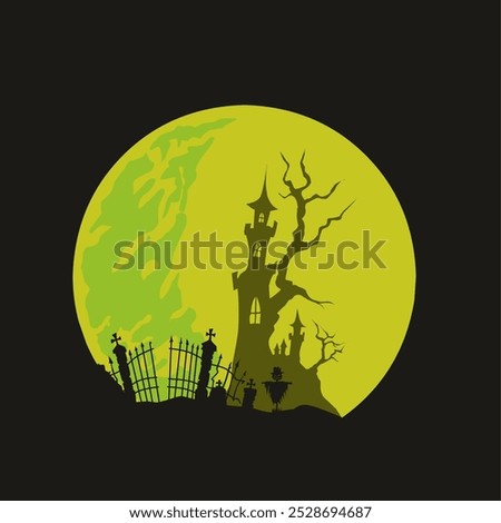 A spooky scene features a silhouette of a haunted castle atop a hill, by a large, eerie green moon. Gnarled trees and a jagged graveyard fence enhance the haunting atmosphere, perfect for Halloween