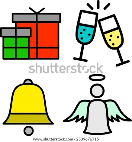 A vibrant illustration featuring festive elements: two colorful gift boxes, champagne glasses clinking together, a ringing bell, and a serene angel. Perfect for holiday celebrations or joyful events.