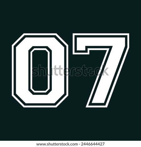 07 Classic Vintage Sport Jersey Uniform numbers in black with a black outside contour line number on white background for American football, Baseball and Basketball or soccer for shirt