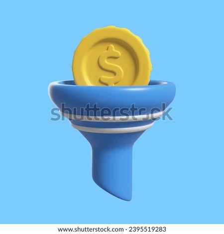 3D Money Filter. Sales funnel. Online marketing and trading. Foreign exchange. Digital investment. Sort money and coin. Cartoon creative design icon isolated on white background. 3D Rendering