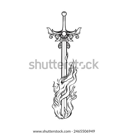 black and white illustration fire sword engraving ornament vector art