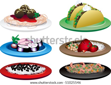 Vector of six different Ethnic Food dishes. Chinese, Cuban, Indian, Italian, Japanese and Mexican Food. 2 of 10 in series.