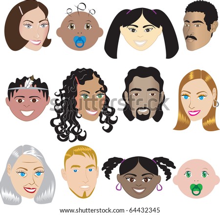 People Faces 3. Vector Illustration set of 12 different faces of all sexes, races and ages. Also available in other sets.