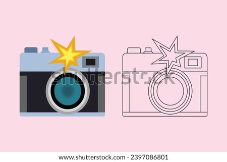 Camera with flash light vector isolated icon. Vintage photo camera icon, flat style Pro Vector illustration.