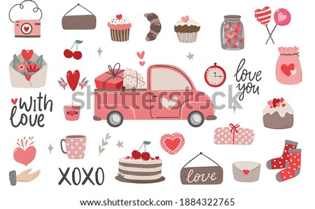 Set of Valentine's day bohemian clipart, valentine's truck, cupcales, florals, hearts, cake. Boho Valentine's day clipart vector love elements on white background in trendy scandinavian style.