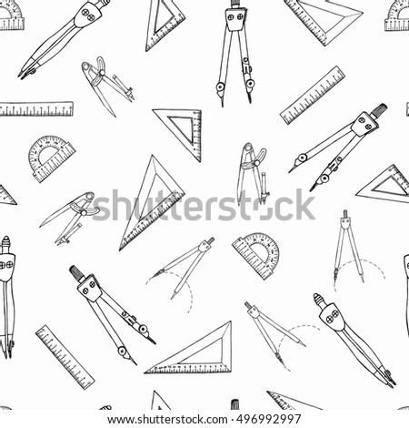 Ruler, Triangle, Compasses and Protractor: Hand Drawn Pattern with Freehand Sketch Icons for Print on Fabric. Handmade Doodles for your Design. Vector Illustration with drawing Sketch-art objects.