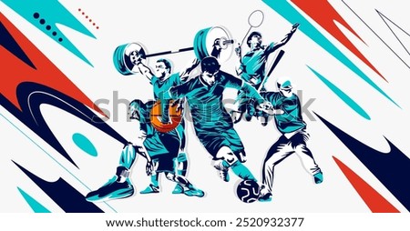 celebration of national sports day with athletes from football, badminton, basketball, weightlifting and base ball. National sports game concept. grunge style athlete silhouette. Healthy exercise