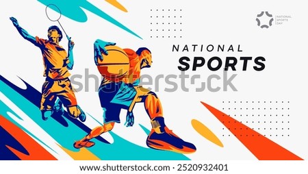 Illustrations of badminton and basketball athletes posing in stunning poses. colored silhouette style design, grunge. design concept for celebrating national sports day badminton and basketball. Sport