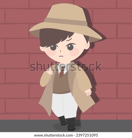 a cartoon boy in a white coat and hat in front of the brick wall, in the style of muted colours, interactive, victorian-era clothing, animated gifs, dinopunk, light red and dark brown, symbolist myste