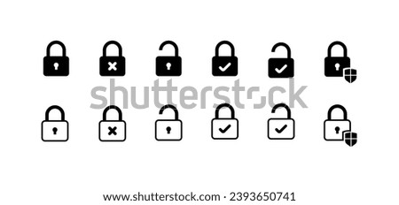 Lock icons for key. Linear, closed padlock, open, with tick lock icons. Vector icons