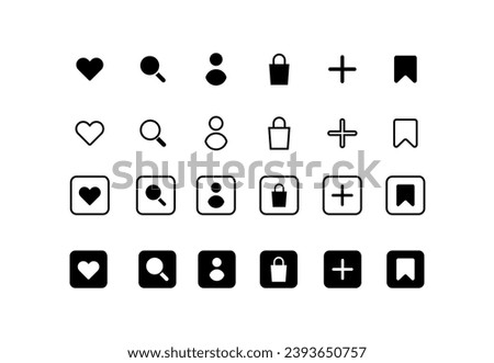 Icons for social network design. Linear, heart, magnifying glass, person, bag, plus, pin icons buttons, social media UI design. Vector icons