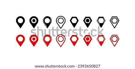 Geotagging icons. Different styles, red geolocation marks, location of the point on the map. Vector icons