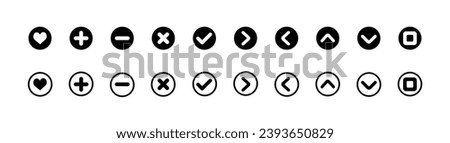 Line icons. Black icons of like, plus, minus, cross, checkmark, arrow, square. Vector icons