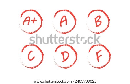 Letter grades icons. Flat, red, school grades icons, A+, A, B, C, D, F grades. Vector icons