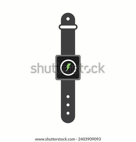 Wristwatch icon with lightning. Flat, gray, green lightning in a circle, clock dial. Vector icon
