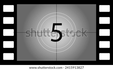 Old film countdown number 5. Flat, gray, number 5, old film countdown, retro film strip, cinematography design. Vector illustration