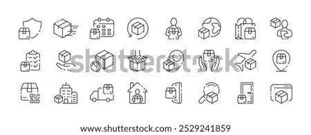 Delivery icon collection. Delivery design. Delivery car and box. Linear style. Vector icons