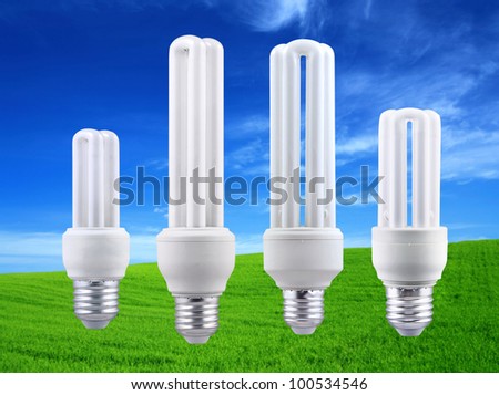 Fluorescent light bulb group isolated on field and sky background.
