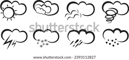 Weather icon design Sun Partly Cloudy with some shade, some sunny clouds Rainy Rain cloud or raindrop icon Snowy Snowflakes Stormy Storm cloud or of a wind blowing tree 