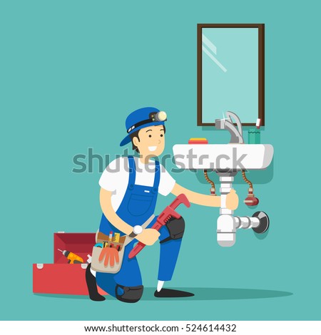 plumber repairing pipe on kitchen. Vector illustration.